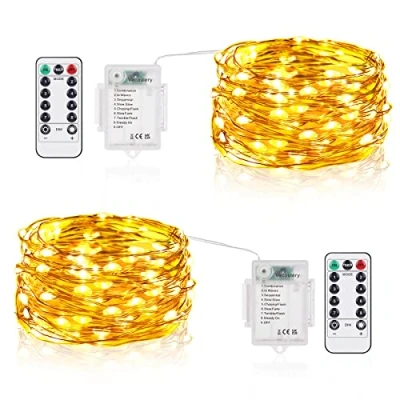Immagine di Vacoulery Stringa Luci led a Batteria, 5M 50 LEDs 8 Modalità Lucine Decorative IP65 Impermeabile con Telecomando, Timer e Dimmer per Interni Esterni, Natale, Feste (2 Pezzi, Bianco Caldo)