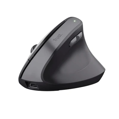 Immagine di Trust Yuno Mouse Ergonomico Senza Filo, Verticale Ricaricabile, Ricevitore USB da 2,4GHz, DPI Regolabile (800 2400), Sensore Ottico, 6 Pulsanti, 70% Plastica Riciclata, Macbook, Computer Nero