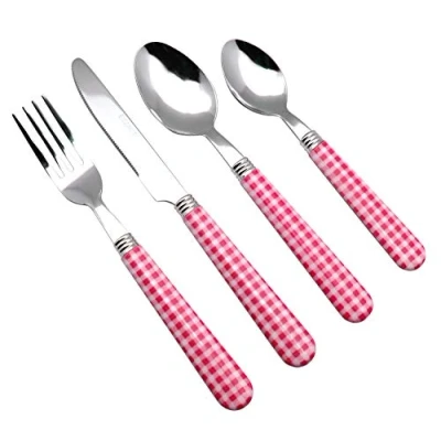 Immagine di EXZACT Posate in acciaio inox 24 pezzi Motivo a quadretti/Maniglie colorate 6 x Forchette, Coltelli, Cucchiai Cena, Cucchiaini(Rosa)