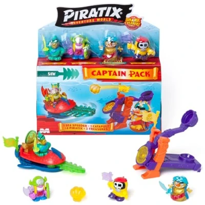 Immagine di PIRATIX ADVENTURE WORLD Shark Treasure, Captain Pack, Saw con 4 Piratix, 1 capitano d&#039;oro, accessori &#039;Cristalli&#039;, Sea Speeder, catapulta, 2 bandiere effetto vetro, confezione da 1/6