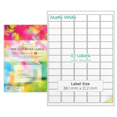 Immagine di Evergreen Goods 100 fogli A4 pretagliati multi etichette (5x13, 65 per foglio: 6.500 in totale) bianche opache autoadesive di carta a getto d&#039;inchiostro e stampa laser
