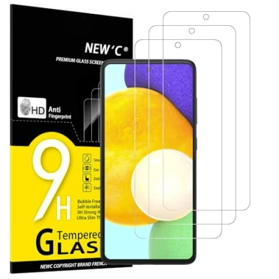 Immagine di NEW&#039;C 3 Pezzi, Vetro Temperato per Samsung Galaxy A52, A52 5G, A52S anti graffi, senza bolle d&#039;aria, ultra resistenti (0,33 mm HD trasparente), durezza 9H Glass