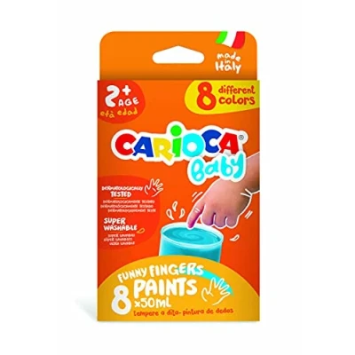 Immagine di Carioca Tempera a Dita Baby, Set di Tempere Lavabili per Bambini 2 Anni+, Colori Brillanti, Lavabili, Atossici e Inodori, Dermatologicamente Testati, Kit Pittura con 8 Assorti da 50 ml