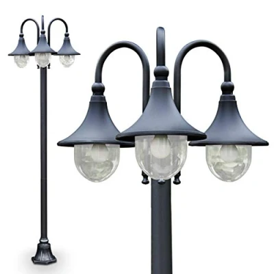 Immagine di lampada da esterno Elgin, candelabro in stile antico, metallo nero opaco, luce di percorso a 3 bracci 225 cm, giardino retrò/vintage, attacco E27, IP44, senza lampadina/e