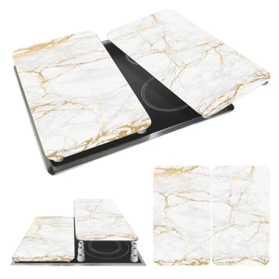 Immagine di WENKO Piastra coprivivande Universal Marble Gold, set di 2 per tutti i tipi fornelli, vetro temperato, 30 x 52 cm, multicolore