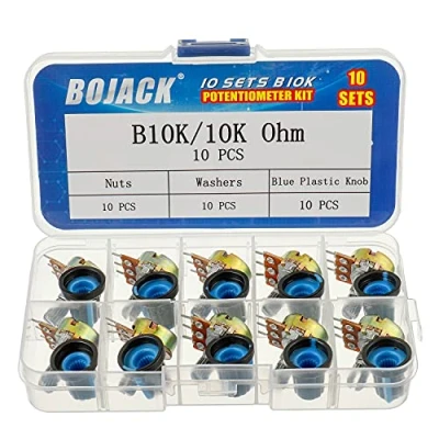 Immagine di BOJACK 10 set B10K albero zigrinato 3 terminali Potenziometri rotativo conico lineare (WH148) 10K Ohm Resistori variabili kit di manopole in plastica blu