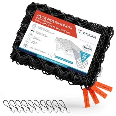 Immagine di TRIBURG Rete per rimorchi estensibile da 1,5x2,7 m a 2,5x3,5 incl. 10 ganci di espansione elastica con marcatura degli angoli e cordino in gomma