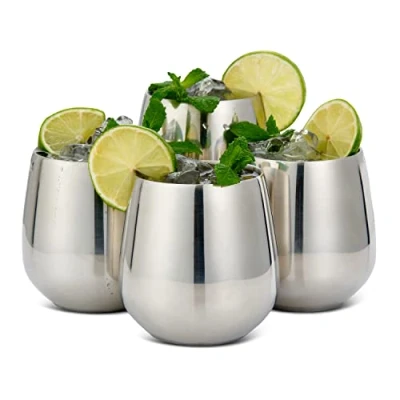 Immagine di Oak &amp; Steel Set di 4 Bicchieri da Vino in Acciaio Inossidabile con Cannucce: Durevoli, Infrangibili e Ideali per Mantenere il Freddo Presentati una Confezione Regalo dal Design Raffinato