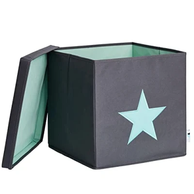 Immagine di LOVE IT STORE Cubo Portaoggetti Con Coperchio In Tessuto Pieghevole Rinforzi Legno Kallax Contenitori 33x33x33cm Grigio Fantasia A Stelle Verde