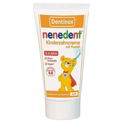 Immagine di Nenedent Dentifricio per bambini 3 volte protezione contro la carie indurisce lo smalto dei denti da latte 1.000 ppm 13% xilitolo vegano e senza coloranti 1 x 50 ml