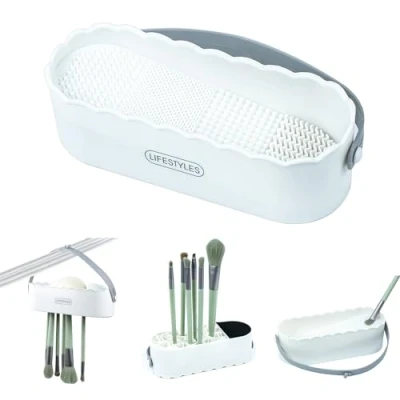 Immagine di Pulizia Pennelli Trucco, 4 in 1 Tappetino per Make Up, Detergente da Trucco Pulire, Asciugatura e Stoccaggio Pennello Spugna Cosmetica (Bianco)