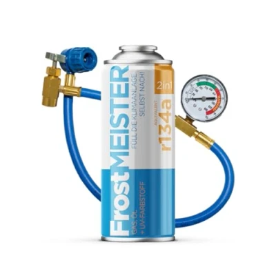 Immagine di FrostMEISTER 2 in 1 Kit di ricarica per aria condizionata auto 400 ml con tubo manometro R134a (1995 2016) Applicazione rapida, semplice e sicura