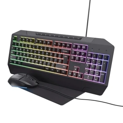 Immagine di Trust Gaming GXT 791 Kit 3 in 1 Mouse e Tastiera Gaming, Layout Italiano QWERTY, Retroilluminata 78% Plastica Riciclata, 200 6400 DPI, Tappetino, Bundle Pacchetto Gamer RGB per PC Nero