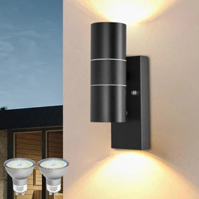 Immagine di Wondlumi Applique da Esterno/Interno LED con Sensore Crepuscolare GU10,Luce Calda 5W,Lampada Parete Esterno IP44 Up Down Faretto Moderno Nero per Scala,Corridoio,Balcone,Villa Bagno