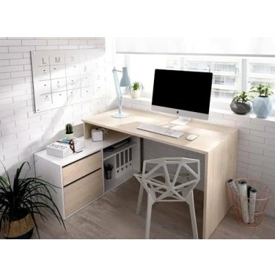 Immagine di Dmora Scrivania Gardena, Scrittoio multiposizione da ufficio o cameretta, Tavolo studio angolare multiuso, 139x92h75 cm, Bianco e Rovere