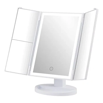 Immagine di GRIFEMA Specchio per Trucco Trifold con Luce a 32 LED, Illuminazione, Ingrandimento 3/2/1, da Tavolo Touch, Regolabile 180, USB e Batteria, Bianco