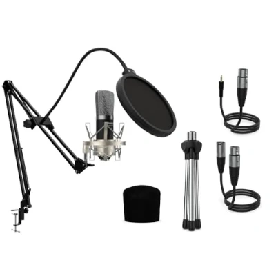 Immagine di Audibax Berlin 1800 Silver Pro Microfono a Condensatore da Studio Include Supporto, Anti pop e Cavi Risposta in Frequenza 20 Hz/20 KHz con Diagramma Polare Cardioide Colore Argento