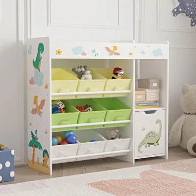 Immagine di [en.casa] Scaffale per Cameretta con 9 Scatole Pieghevoli Porta Giocattoli Scomparto Chiuso Anta e Ripiano Mobile Contenitore a Misura di Bimbi Design Dinosauro Verde/Giallo