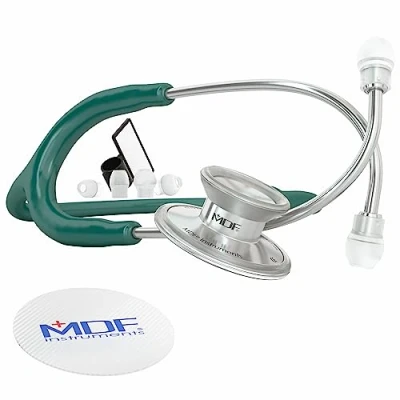 Immagine di MDF Instruments, Stetoscopio leggero Acoustica per medici, infermieri, studenti, uso sanitario a domicilio, adulti, doppia testa, tubo verde scuro, auricolare pettorale argento, MDF747XP09