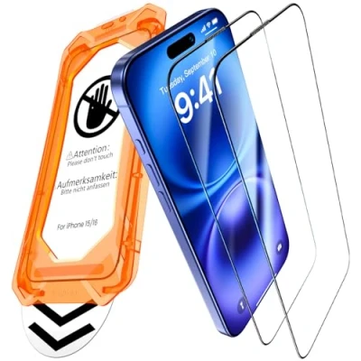 Immagine di UniqueMe per iPhone 15/16 pellicola Protettiva [Protezione completa del display] vetro temperato protettiva, installazione automatica, 2 pezzi