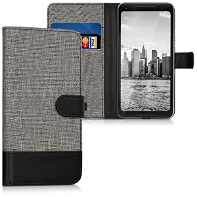 Immagine di kwmobile Custodia Compatibile con Google Pixel 2 XL Cover Portafoglio Case Chiusura Magnetica Portacarte Tessuto Similpelle grigio/nero