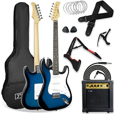 Immagine di 3rd Avenue Chitarra Elettrica 4/4 Scala XF Kit Definitivo Per Con Amplificatore Da 10 W, Cavo, Supporto, Custodia Protettiva, Tracolla, Corde Di Ricambio, Plettri, Capotasto Blu