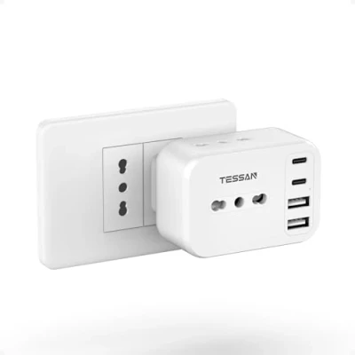 Immagine di TESSAN Presa Multipla Salvaspazio da 13A, Multipresa con 4 Porte USB, 7 in 1 Parete, 3250W Caricabatterie Tripla Muro per Casa, Dormitorio, Ufficio