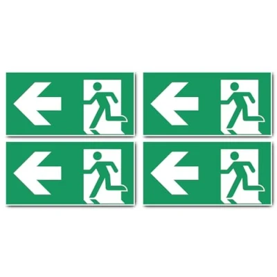Immagine di Adesivo: 150 x 300 mm, 4 pezzi via di salvataggio/uscita emergenza combinazione con freccia sinistra segno salvataggio E001 / E002 verde/bianco DIN EN ISO 7010 ASR A1.3