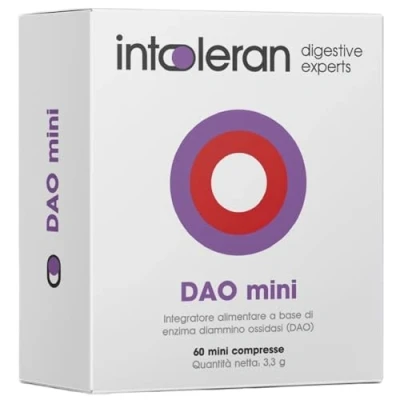 Immagine di Intoleran DAO Mini enzima Digestivo 50 compresse Integratore per intolleranza all&#039;istamina / carenza di 30.000 Unità HDU puro Diamina Ossidasi (DAO) Low FODMAP