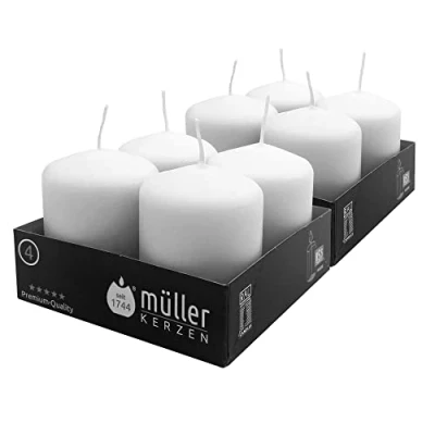Immagine di Müller Candele Decorative Set di 8 Bianche 48 x 62 mm Durata 10 Ore Cero Antigoccia Moccolo Non Profumato Qualità RAL