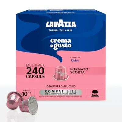 Immagine di Lavazza, Crema e Gusto Dolce, 240 Capsule di Caffè in Alluminio Compatibili con Macchine Nespresso* Original, Note Aromatiche Frutta Secca, Arabica Robusta, Intensità 10, Tostatura Media, 3 Pack