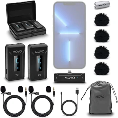 Immagine di Movo WMX 2 L DUO Microfono Lavalier Wireless Doppio per iPhone con Custodia di Ricarica, Microfoni a Bordo, Clip on Lapel, Batteria 7HR, Portata 328&#039;, Guadagno Regolabile