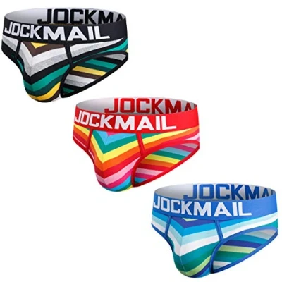 Immagine di JOCKMAIL Confezione da 3 slip uomo in cotone a righe arcobaleno biancheria intima comodi mutande, Nero+rosso+blu, M