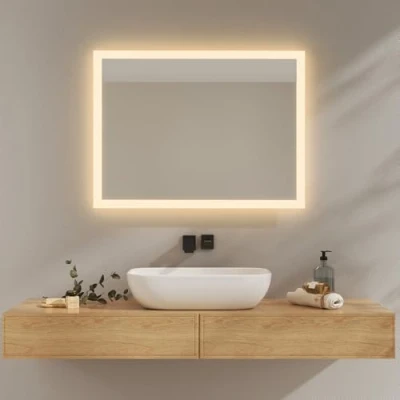 Immagine di EMKE specchio da bagno con luce LED 60 x 80 cm, 3000 K, bianco caldo, interruttore parete, installazione verticale/orizzontale, anti esplosione IP44, risparmio