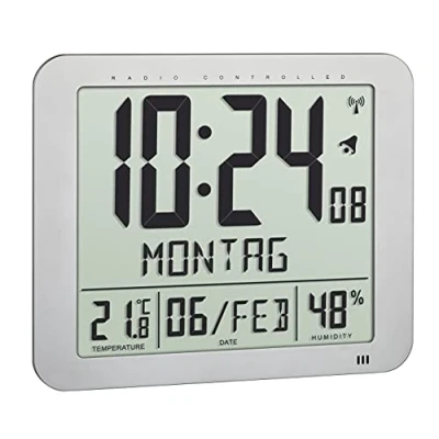 Immagine di TFA Dostmann orologio digitale radiocontrollato, 60.4516.54, con clima ambiente, giorno della settimana scritto (10 lingue), 2 funzioni di sveglia, come da tavolo o appendere, argento