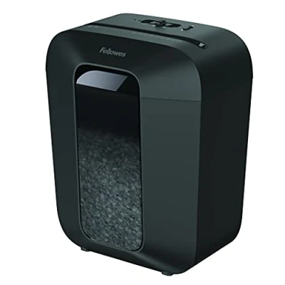Immagine di Fellowes distruggi documenti a miniframmento LX41, 8 fogli, per casa e piccolo ufficio, uso personale, cestino da 17 litri, distruggidocumenti con blocco di sicurezza, nero