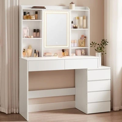 Immagine di VASAGLE Toeletta con Luci LED a Luminosità Regolabile, Tavolo da Trucco Specchio, Scomparti Aperti, Ripiani Regolabili, Postazione Trucco, Moderno, Bianco Nuvola RDT624W01
