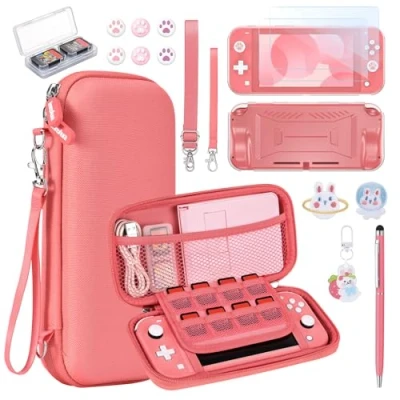 Immagine di innoAura Custodia NS Switch Lite Bundle Accessori 17 in 1 con per Lite, Giochi Switch, Protezione dello Schermo Supporto Switch(Corallo)