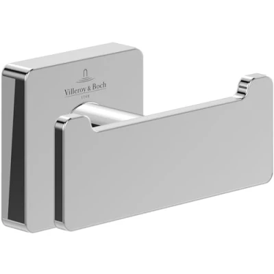 Immagine di Villeroy &amp; Boch Elements gancio portasciugamani doppio Striking, per montaggio a parete, parete in ottone, accessori bagno, lunghezza 80 x 44 45 mm, cromato