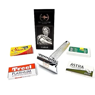 Immagine di Rasoio di Sicurezza a Doppio Filo Caesar Roman Empire Shaving Classico Safety Razor in Acciaio con Set 20 Lamette (Astra Derby Shark Treet)