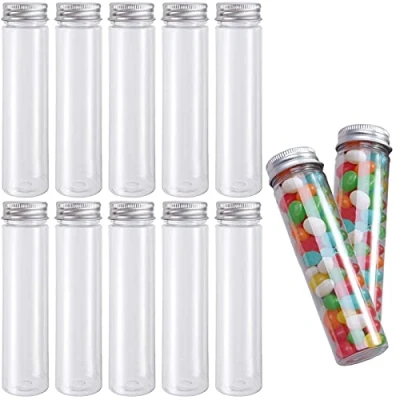 Immagine di 10 Pezzi Provette in Plastica Trasparente, Provetta Trasparente Piatta, per fiori con Tappo a Vite, Negozio di Caramelle, e Accessori Casa (110 ml)