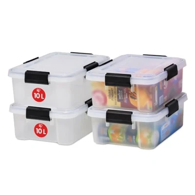 Immagine di Iris Ohyama, Scatole Portaoggetti Ermetiche in Plastica, 10L, Set di 4, Trasparente, Coperchio Impermeabile, con Chiusura, Impilabile, Per Esterni, Garage, Vestiti, Antipolvere, Senza BPA, AT S
