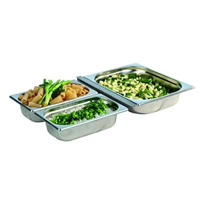 Immagine di APS Set di 4 contenitori GN in acciaio inox composto da: 1 contenitore 1/2, litri 32,5 x 26,5 cm, profondità 65 mm, 2 1/4, 1,8 litri, 26,4 16,2 cm,profondità adattatore