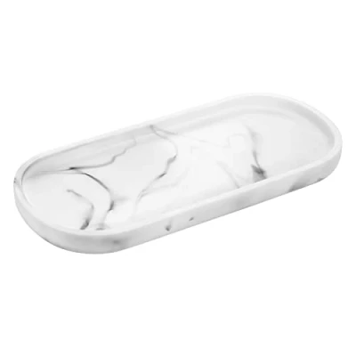 Immagine di Luxspire Vassoio in Resina, Ovale Portaoggetti per Bagno Organizzatore Tessuti Candele Sapone Shampoo Profumi Asciugamano Pianta, ECC Marmo Bianco