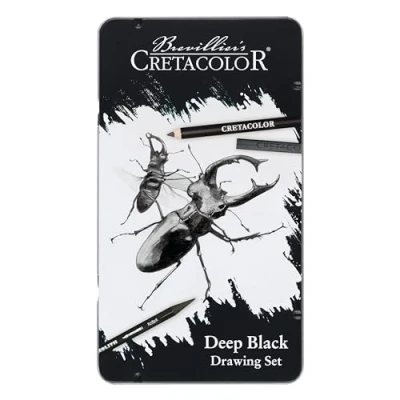 Immagine di CRETACOLOR Deep Black, Drawing Set, set da disegno e nero intenso, 10 pezzi, non tossico, altamente pigmentato, incl. Gomma tergicristalli, adatti per artisti principianti