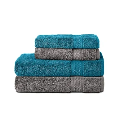 Immagine di Komfortec Set di 4 asciugamani in 100% cotone, 2 da 50 x 100 cm e teli bagno 70 140 cm, spugna, morbido, grigio antracite turchese