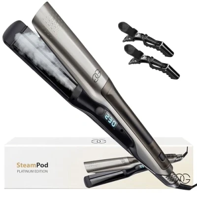 Immagine di Golden Goods Steam Ceramic, Piastra per capelli a Vapore, Rivestimento in Ceramica, 10 temperature fino 230ºC, Riscaldamento Rapido, Piastre Oscillanti, Autospegnimento e Dispaly LCD