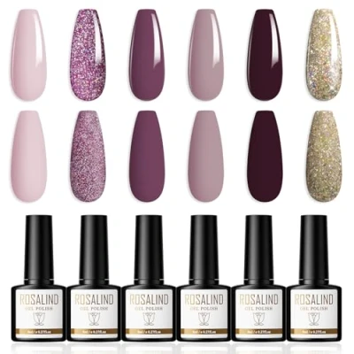 Immagine di ROSALIND Semipermanente Unghie 6 Colori Smalti Semipermanenti per Viola Intenso Lilla Oro Glitter Smalto Gel Nail Polish Soak Off UV LED, 8ml