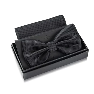 Immagine di Papillon nero con fazzoletto da uomo Set per matrimonio regolabile in