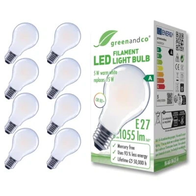 Immagine di greenandco 8 lampadine A filamento LED smerigliate E27 A60 5W 1055lm sostituisce 75W 2700K bianco caldo 320 230V senza sfarfallio Classe energetica non dimmerabile
